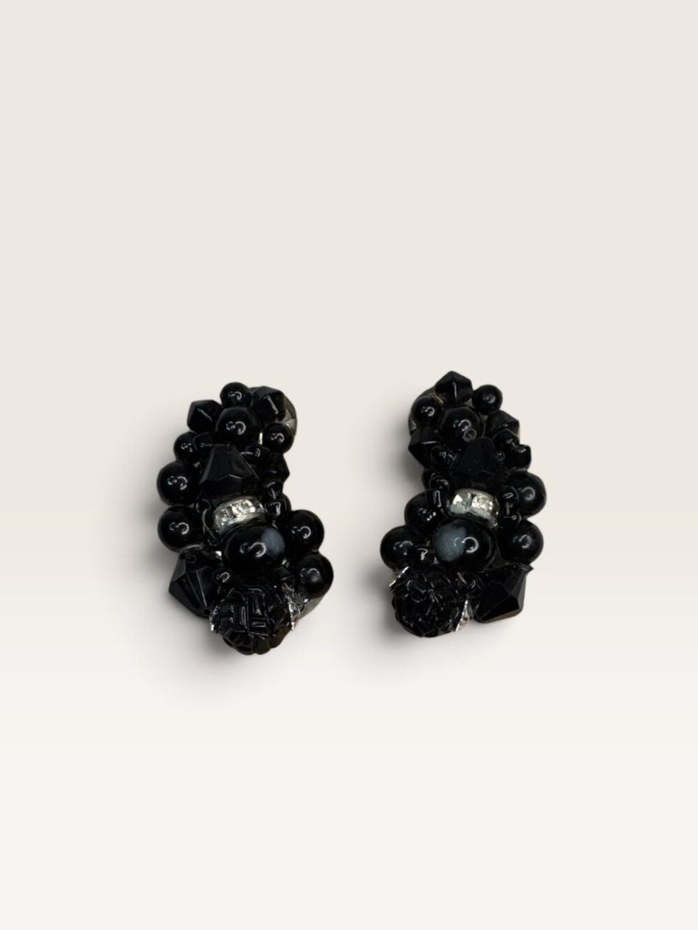 1950s Japan Black Beaded Rhinestone Cluster Crescent Clip Earrings 1.42" Vintage